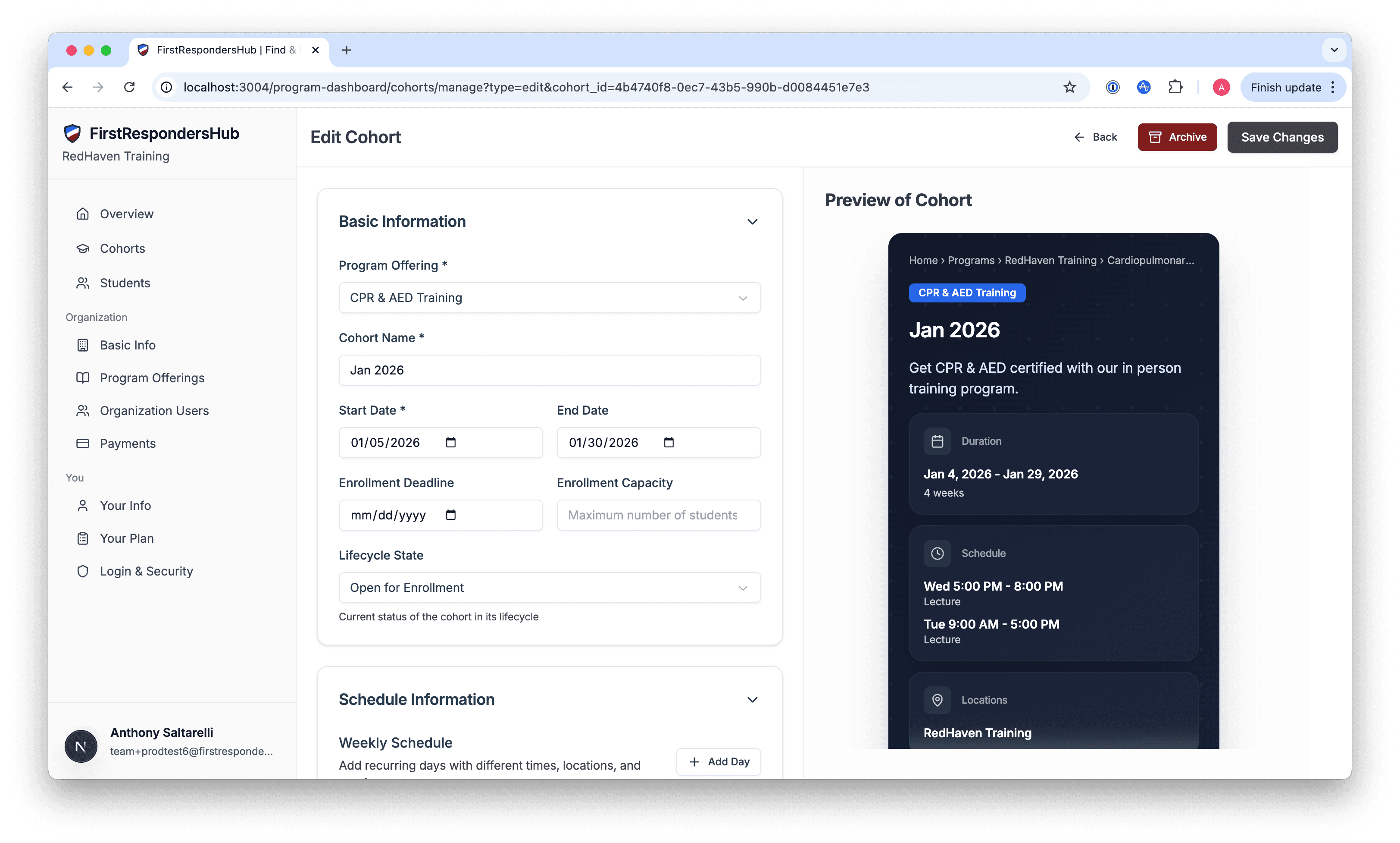Cohort editor interface showing program setup with live preview of student-facing enrollment page