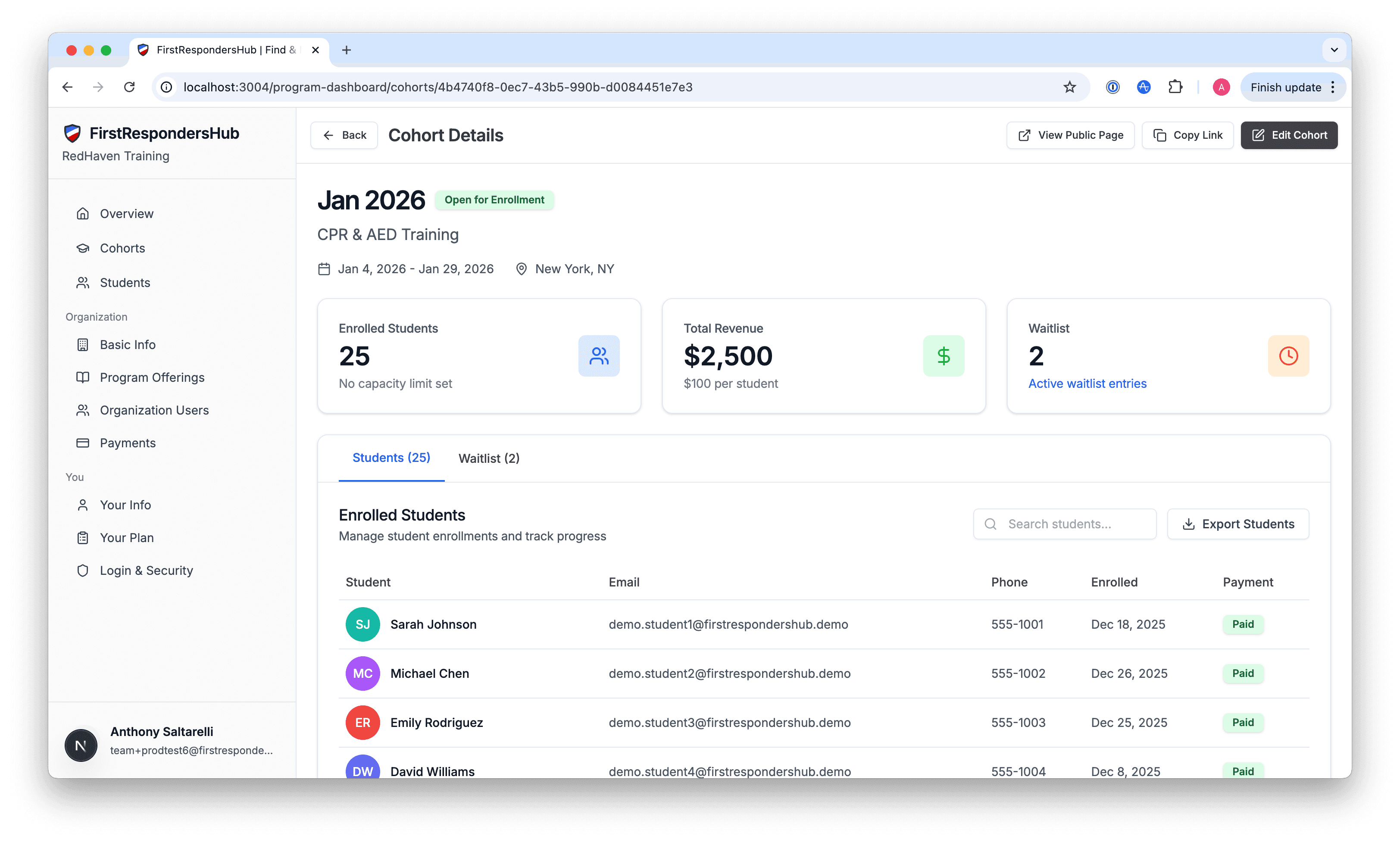 Cohort management dashboard showing enrolled students, revenue tracking, and payment status